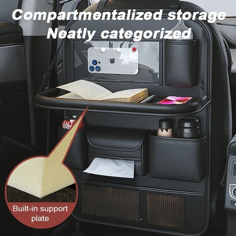 Car seat organizer with compartmentalized storage, built-in support plate, holding books and bottles