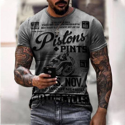 New Men's Motorcycle Imitation Cotton Casual Digital Printing Slim Pullover Men's T-Shirt