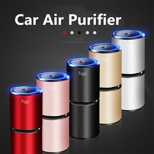 Figo car air purifiers in red, pink, black, gold, and white with blue LED lights on display