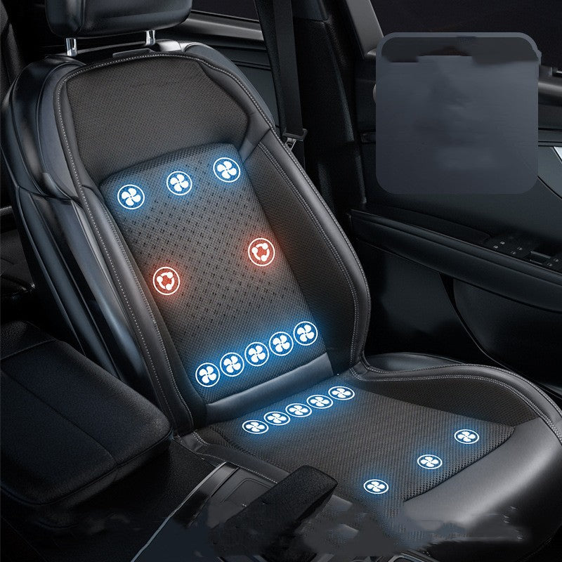 Car seat cooling and heating pad with fan icons, black leather interior, street style accessory