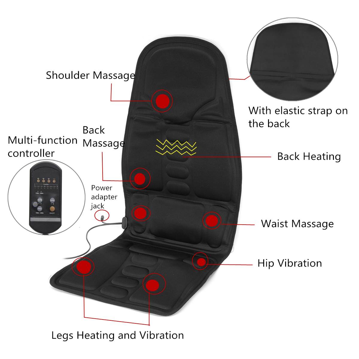 Black massage seat cushion with heating, vibration, and multi-function controller, quality gift item