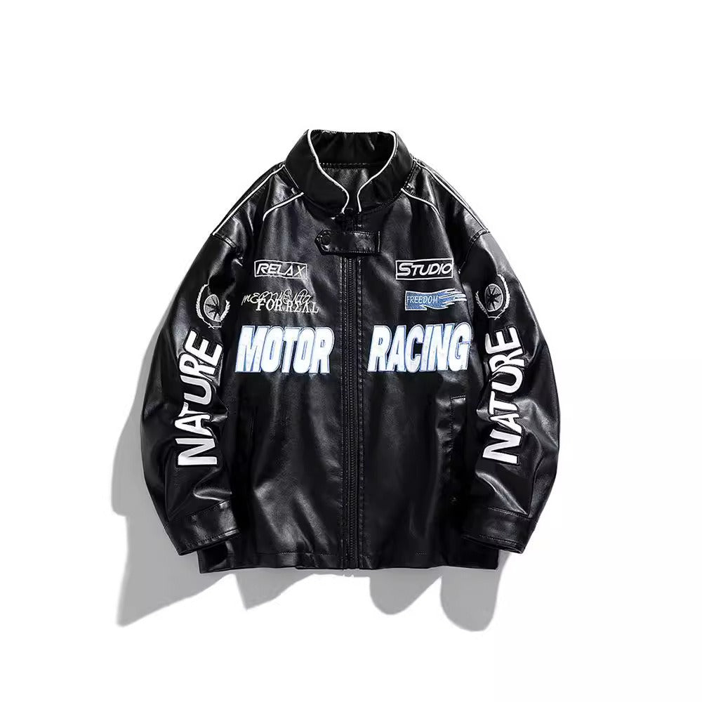 Men's motorcycle leather jacket, street motorcycle racing suit, PU jacket, European and American plus velvet plus plus plus plus