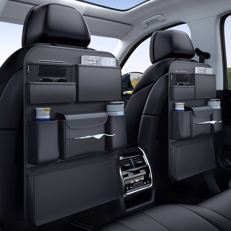 Car seat back organizers with pockets for drinks, tissues, and magazines, stylish interior