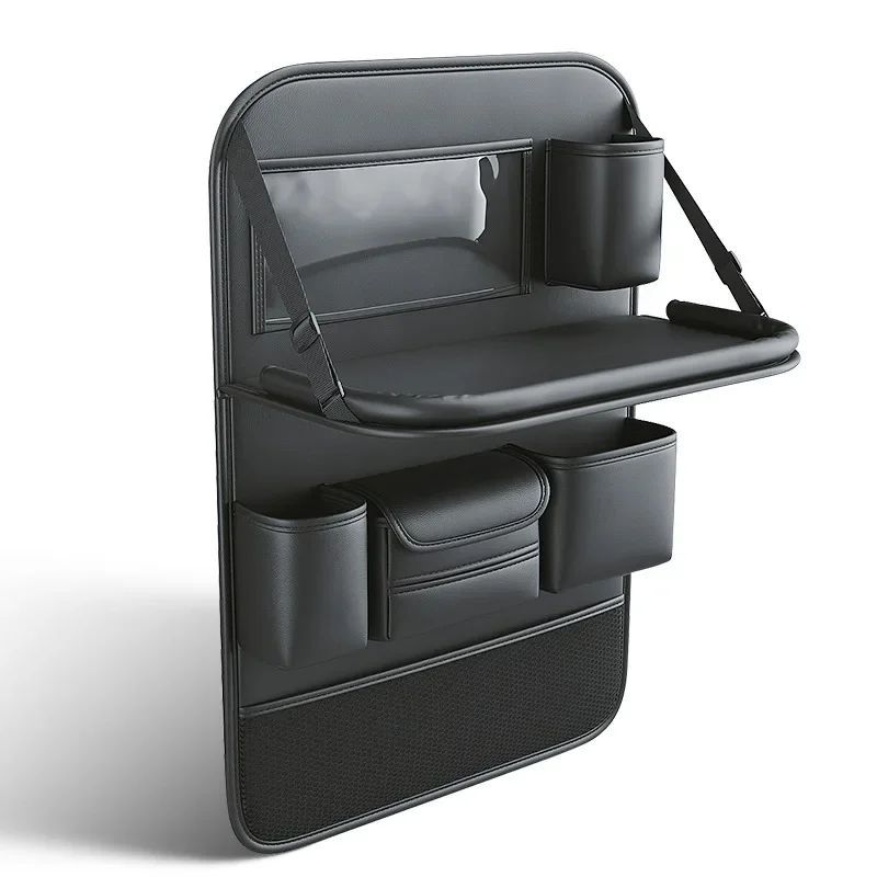 Black car seat organizer with foldable tray, cup holders, and storage pockets, sps street style