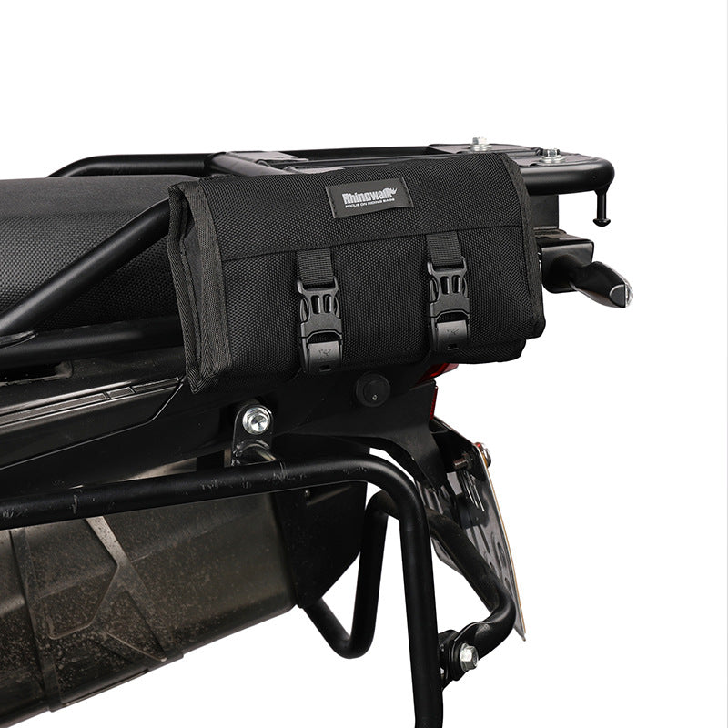 Black RhinoWalk motorcycle tool bag mounted on rear rack, street style accessories