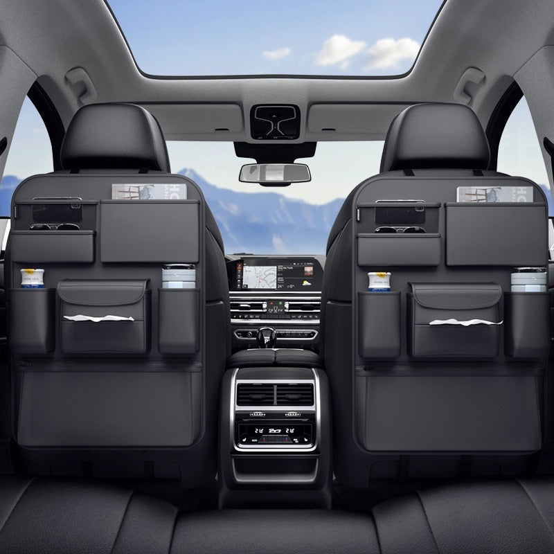 Car interior with black seat back organizers for travel storage, sps street style useful item