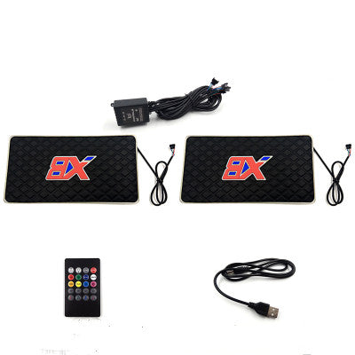 Pair of black BX logo LED car footwell mats with remote and USB, sps street style gift
