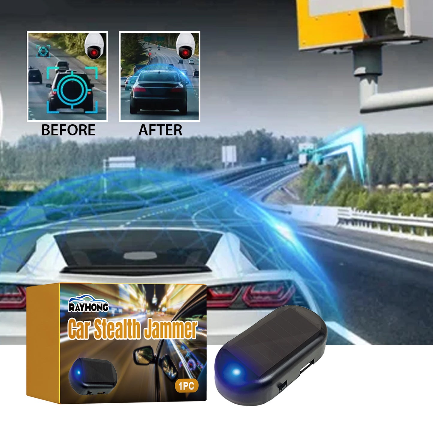 Car Stealth Jammer device for vehicles, anti-camera system, with highway and car background