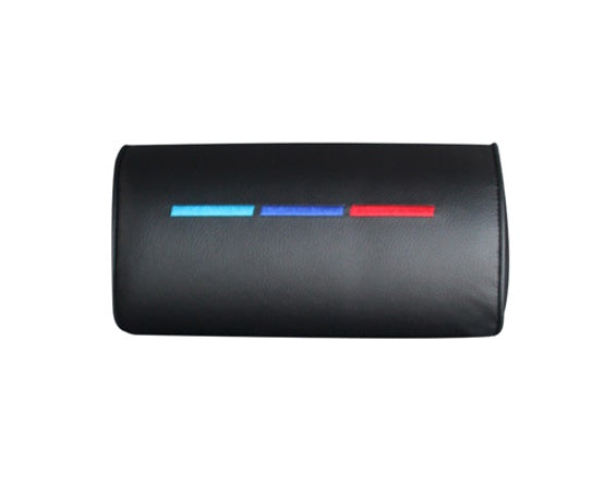 Black leather headrest pillow with blue, navy, and red stripes, sps street style accessory