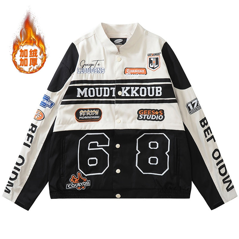 Men's Motorcycle Jacket with Embroidery and Zipper Closure
