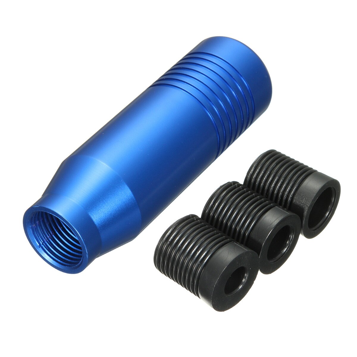 Blue aluminum gear shift knob with three black threaded adapters, sps street style