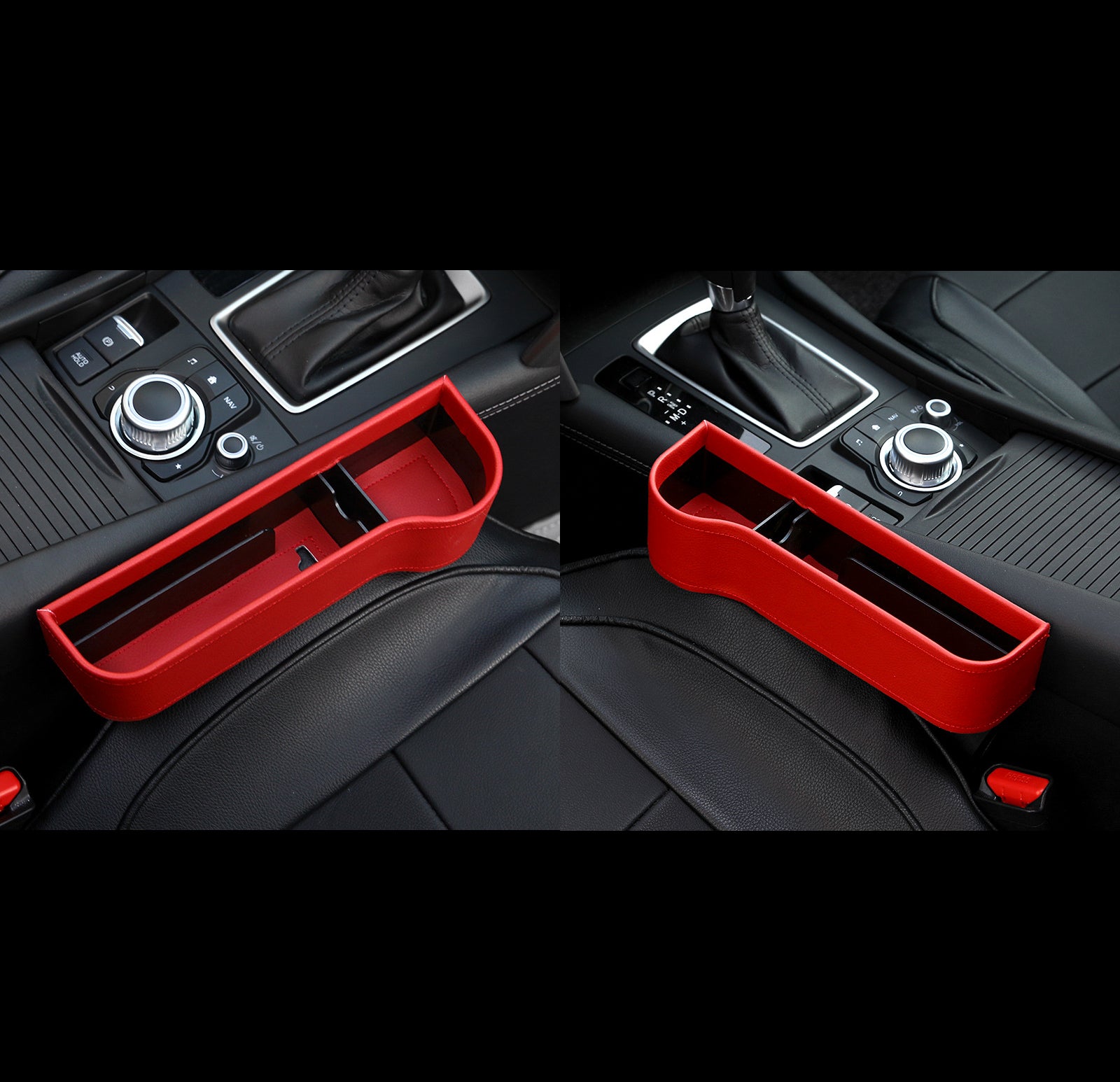 Red car seat gap organizer accessory in black leather interior, sps street style useful item