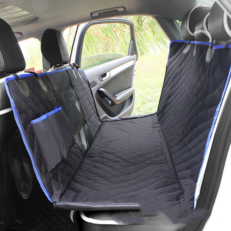 Quilted black car back seat cover with blue trim, protective pet hammock, sps street style