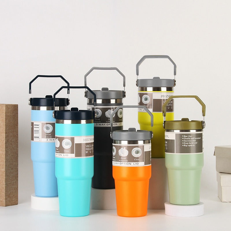 Colorful insulated mugs with handles displayed on white background, quality gifts, sps street style