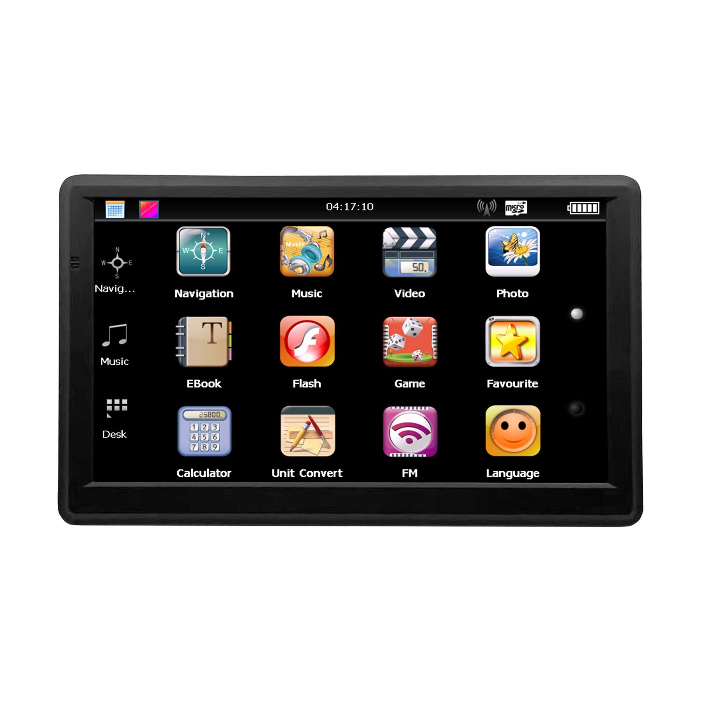 Touchscreen GPS navigation device with music, video, and utility apps, sps street style