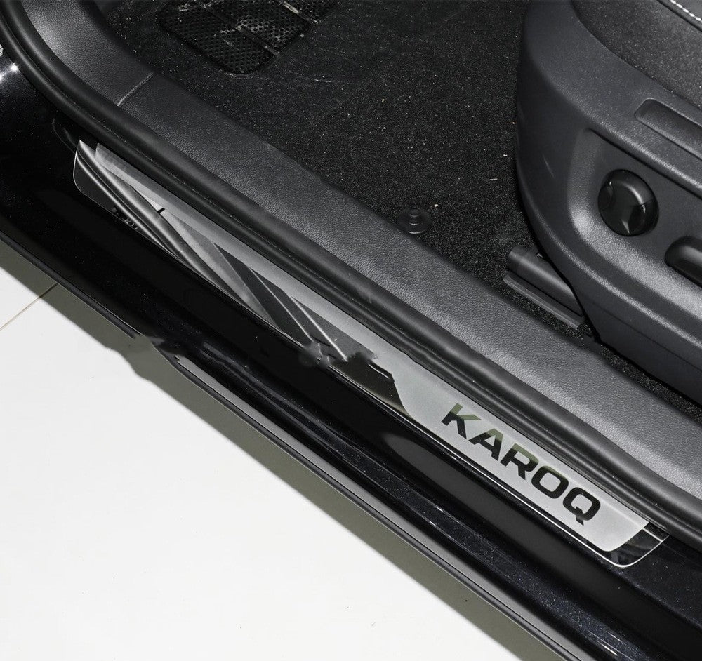 KAROQ car door sill protector on black vehicle interior, sps street style auto accessory