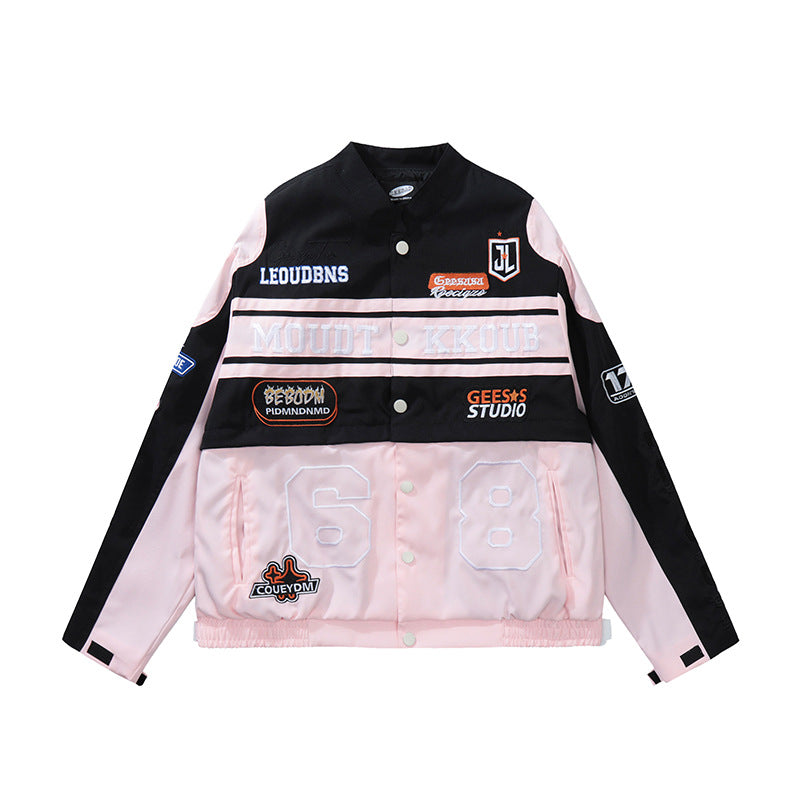 Men's Motorcycle Jacket with Embroidery and Zipper Closure