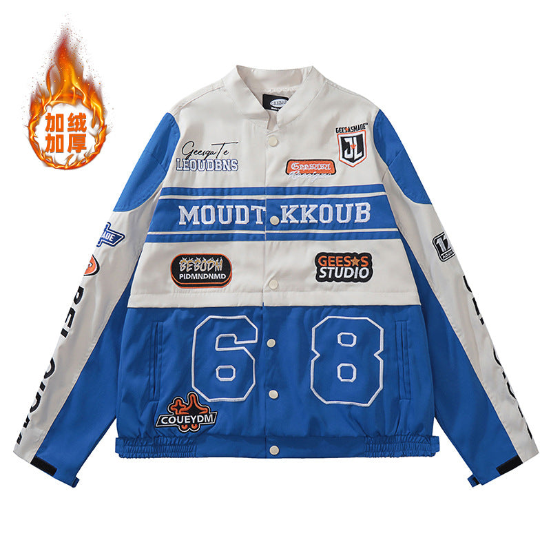 Men's Motorcycle Jacket with Embroidery and Zipper Closure