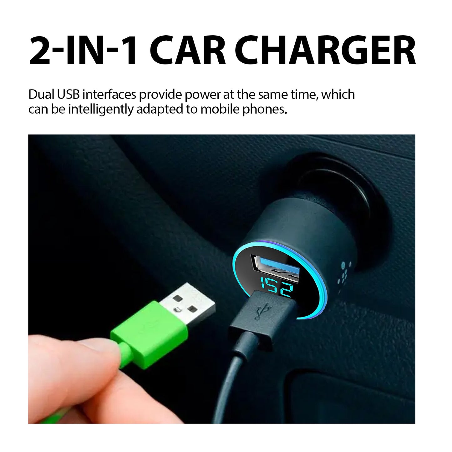 Dual USB car charger in use, plugged into a dashboard, sps street style quality gift