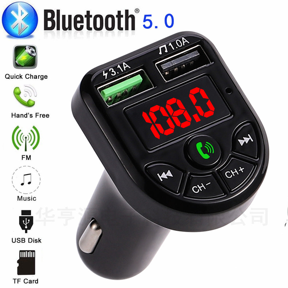Bluetooth 5.0 FM transmitter car adapter with USB ports and LED display, quick charge, music, hands-free call features