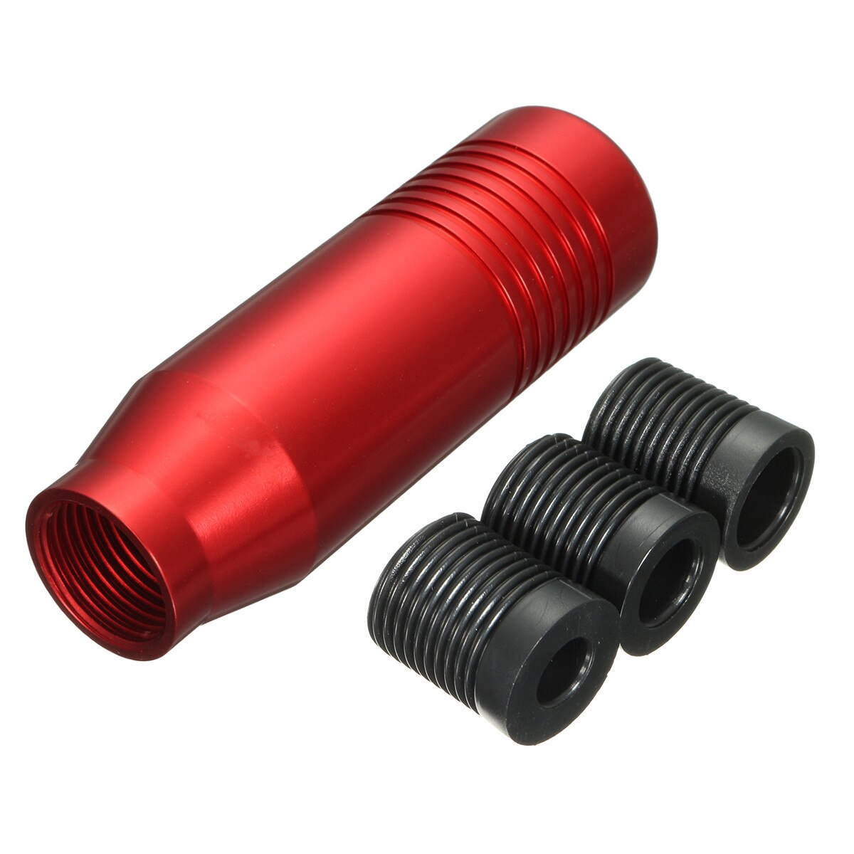 Red metal car shift knob with three black threaded adapters, sps street style accessories