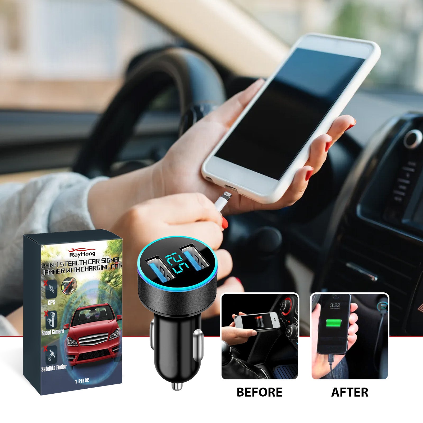 Car USB charger in vehicle with phone charging, product packaging, before and after results, sps street style