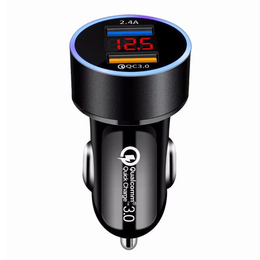 Black QC 3.0 dual USB car charger with digital display, sps street style gift