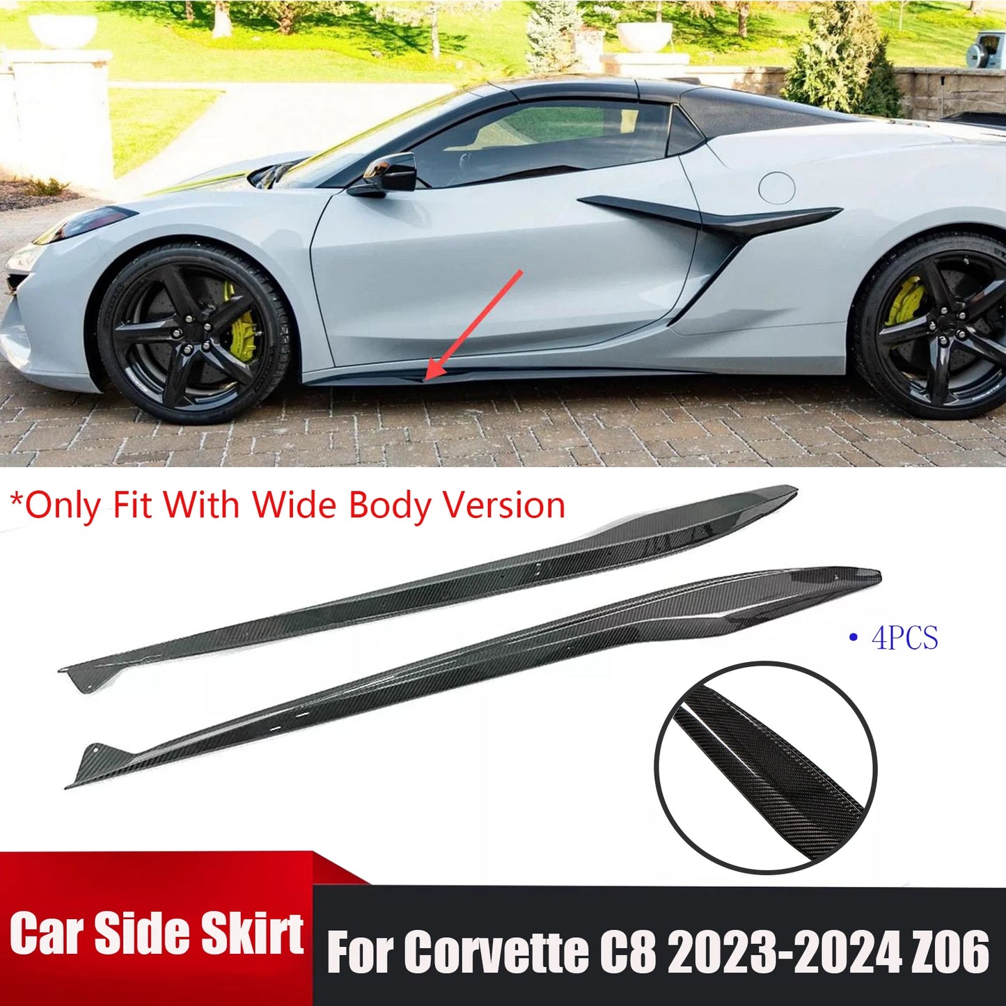 4PCS Car Side Skirts For Corvette C8 2023-2024 Z06 Fit With Wide Body Version Glossy Black Carbon Fiber Style Car Accessories