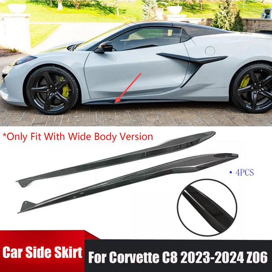 4PCS Car Side Skirts For Corvette C8 2023-2024 Z06 Fit With Wide Body Version Glossy Black Carbon Fiber Style Car Accessories