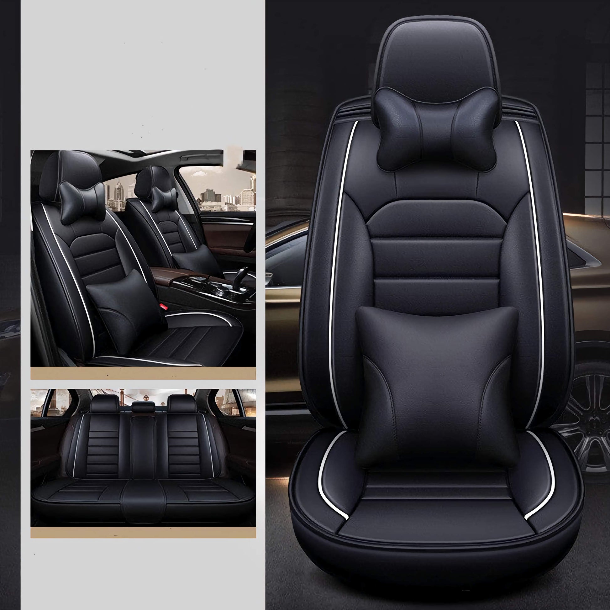Black leather car seat covers with white trim for front and rear seats, quality auto accessory