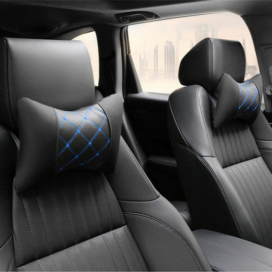 Black car seats with blue-stitched neck pillows, quality automotive gift, SPS street style
