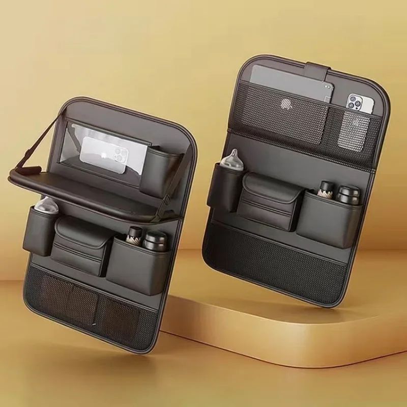 Black car seat organizer with multiple pockets holding bottles, gadgets, and accessories