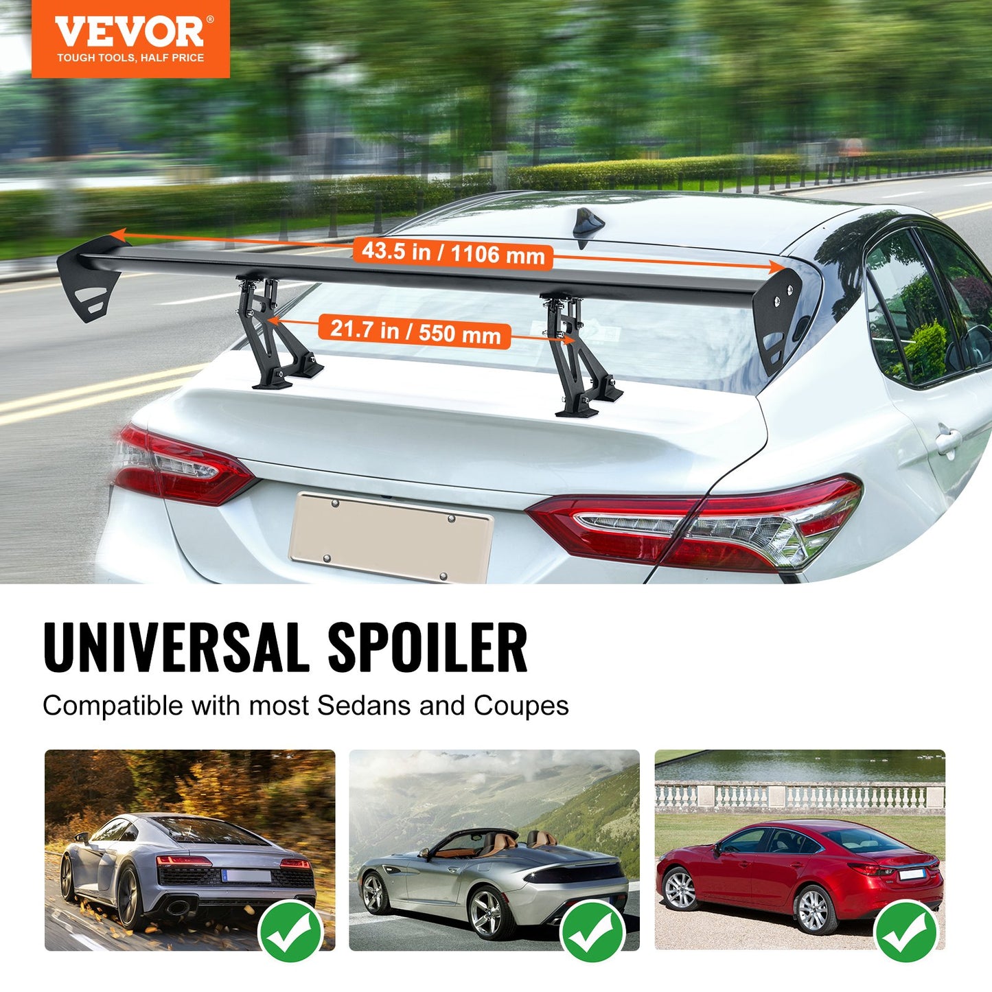 Universal Rear Spoiler GT Style Adjustable Trunk Wing Car Racing 43.3 Inches,110 Cm