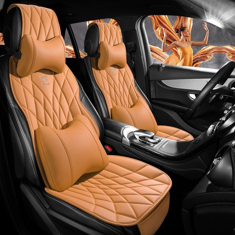 Luxury tan diamond-stitched car seat covers with neck pillows, modern sedan interior, street style