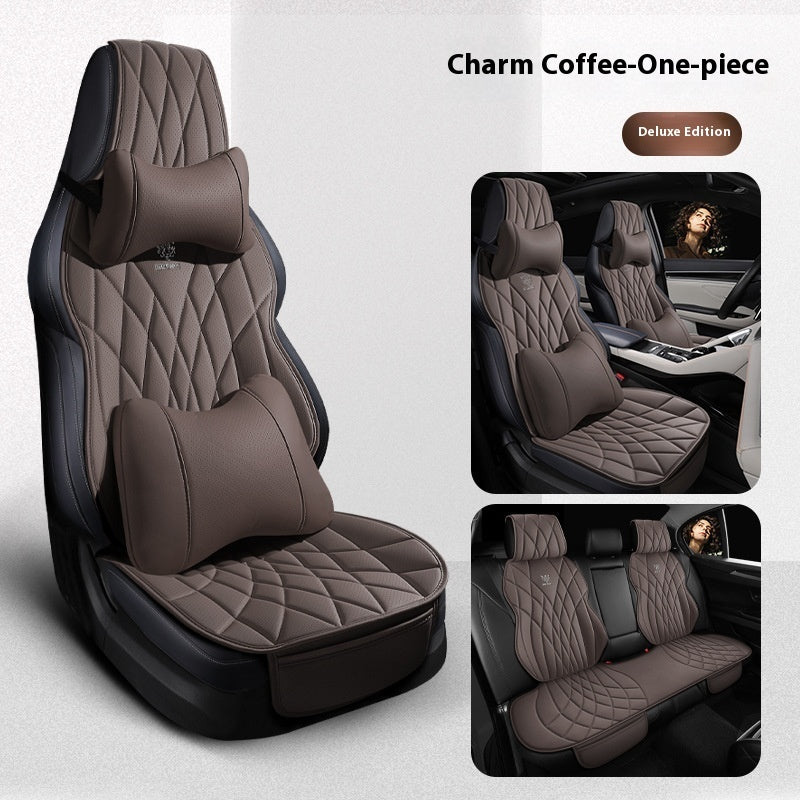 Deluxe brown diamond-stitched car seat covers with ergonomic pillows, SPS street style