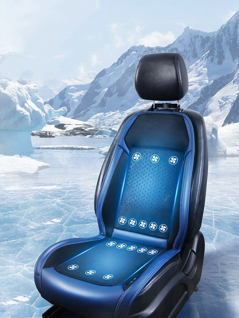 Cooling car seat cover with fan symbols, blue accents, icy mountain background, sps street style