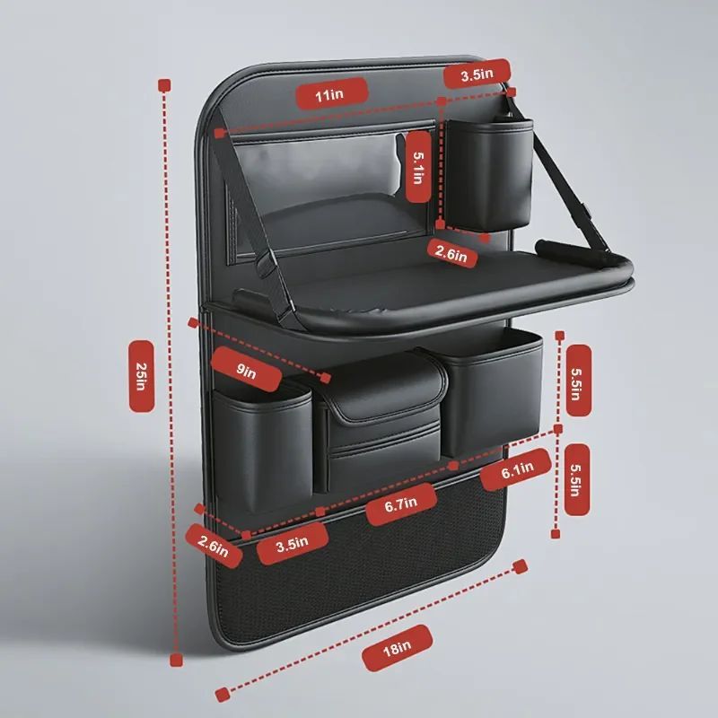 Black car backseat organizer with cup holders, storage pockets, and labeled dimensions