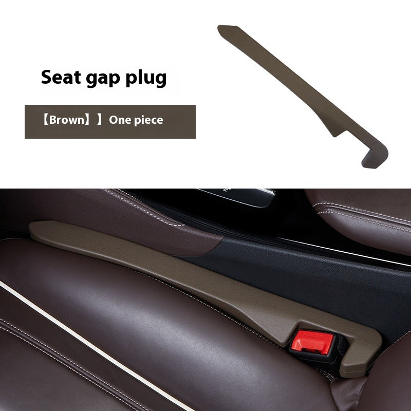 Brown seat gap plug for car, shown between car seat and console, quality useful accessory