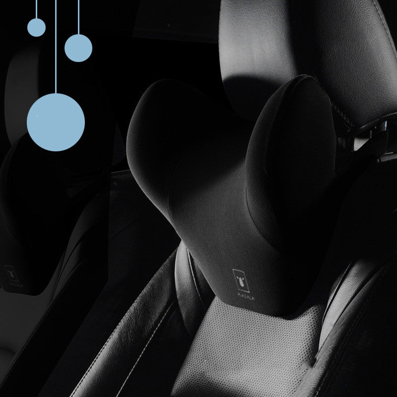 Black ergonomic car headrest cushion on a leather seat, sps street style quality gift