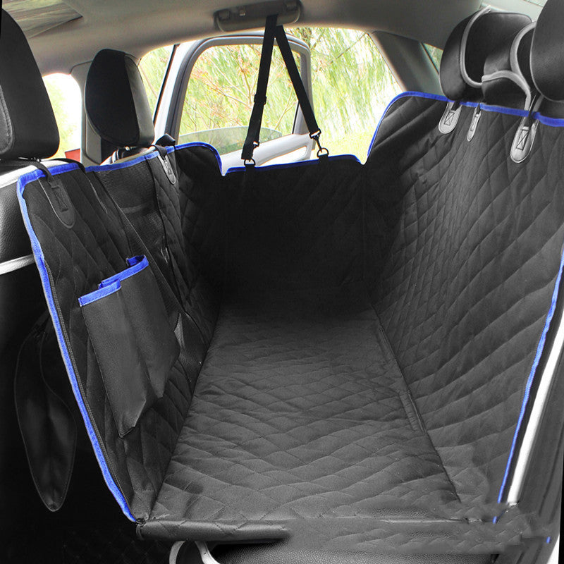 Quilted black car back seat cover with blue trim and storage pocket for quality gifts