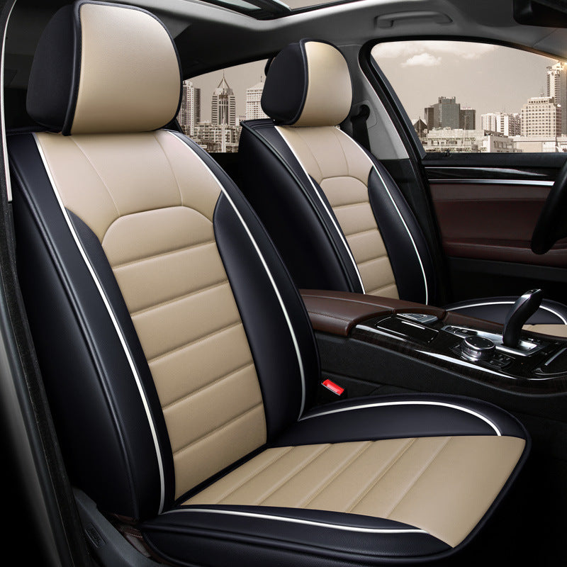 Modern car interior with beige and black seat covers, luxury design, city view background