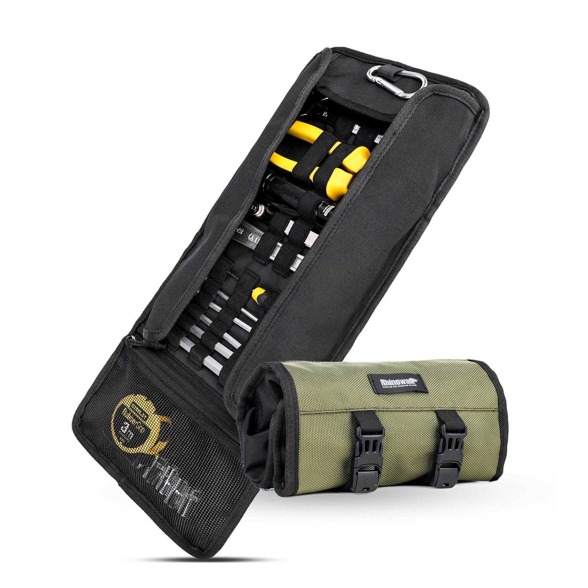 Compact olive green tool roll bag with assorted hand tools, ideal quality gift item