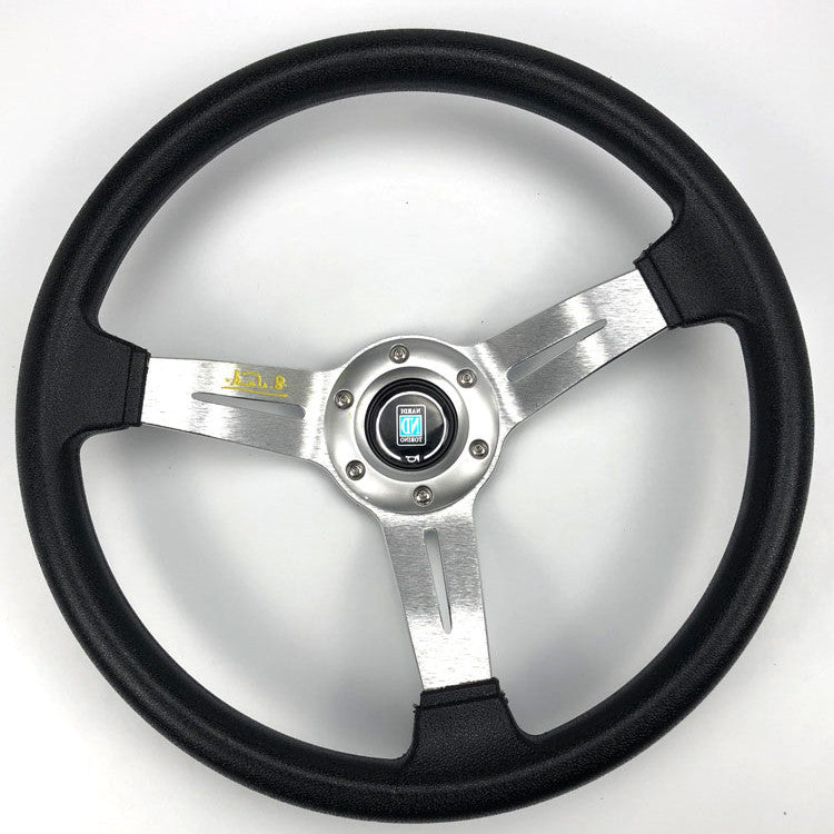 Classic black and silver sports car steering wheel with metallic spokes, sps street style