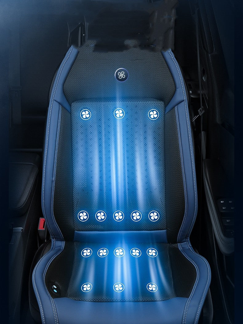 Ventilated car seat cover with cooling fans, black and blue design, sps street style gift