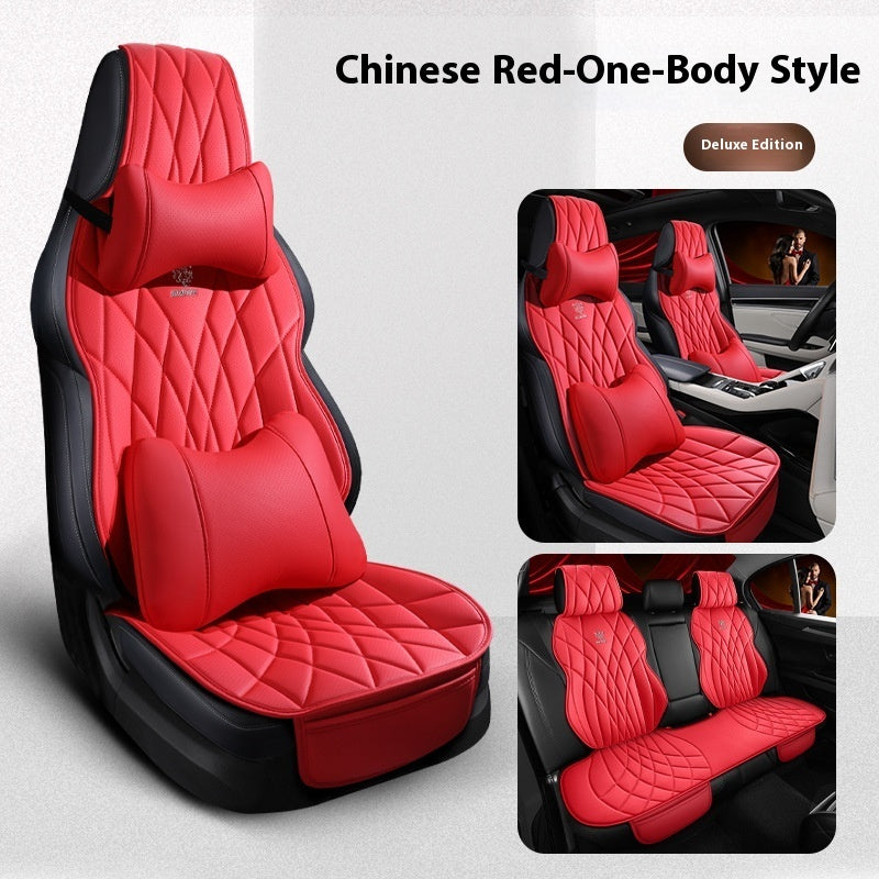 Deluxe red diamond-stitched car seat covers, Chinese one-body style, for quality automotive gifts